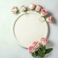 Romantic bouquet of blank floral pink blossoms with copy space. Natural floral rose frame layout concept by AI Generated photo