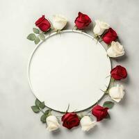 Romantic bouquet of blank floral pink blossoms with copy space. Natural floral rose frame layout concept by AI Generated photo