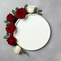 Romantic bouquet of blank floral pink blossoms with copy space. Natural floral rose frame layout concept by AI Generated photo