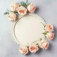 Romantic bouquet of blank floral pink blossoms with copy space. Natural floral rose frame layout concept by AI Generated photo