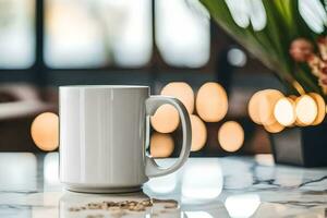 white mug mockup on a marble counter. AI-Generated photo