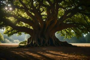 el Dom brilla mediante el maletero de un grande árbol. generado por ai foto