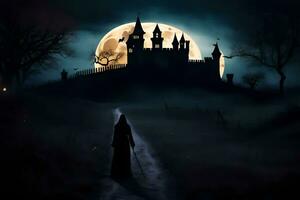 un mujer camina en frente de un castillo a noche. generado por ai foto