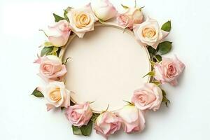 Romantic bouquet of blank floral pink blossoms with copy space. Natural floral rose frame layout concept by AI Generated photo