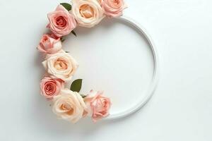 romántico ramo de flores de blanco floral rosado flores con Copiar espacio. natural floral Rosa marco diseño concepto por ai generado foto