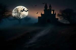 halloween castle in the dark with bats flying over it. AI-Generated photo