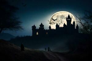 halloween castle with bats flying over it at night. AI-Generated photo