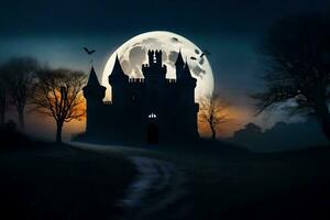 halloween castle in the dark with full moon. AI-Generated photo