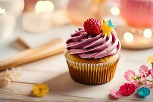 a cupcake with purple frosting and a raspberry on top. AI-Generated photo