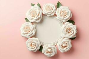 Romantic bouquet of blank floral pink blossoms with copy space. Natural floral rose frame layout concept by AI Generated photo