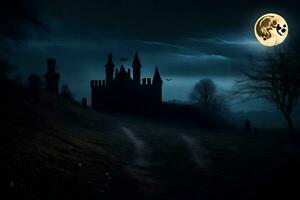 a full moon is seen over a castle in the dark. AI-Generated photo