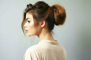 A beautiful bride with a bun hairstyles for long hair look from back. A female hairstyle rear view concept by AI Generated photo