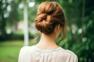 A beautiful bride with a bun hairstyles for long hair look from back. A female hairstyle rear view concept by AI Generated photo