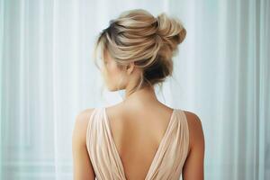 A beautiful bride with a bun hairstyles for long hair look from back. A female hairstyle rear view concept by AI Generated photo