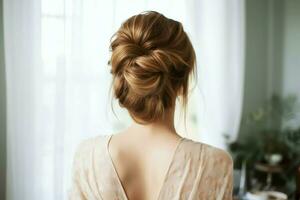 A beautiful bride with a bun hairstyles for long hair look from back. A female hairstyle rear view concept by AI Generated photo