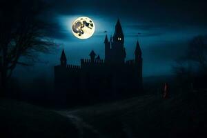 a full moon is seen over a castle in the dark. AI-Generated photo