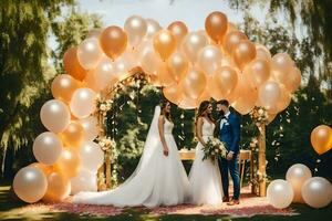 a bride and groom standing under an arch of balloons. AI-Generated photo