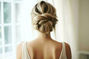 A beautiful bride with a bun hairstyles for long hair look from back. A female hairstyle rear view concept by AI Generated photo