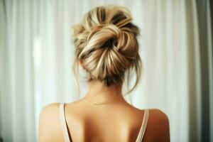 A beautiful bride with a bun hairstyles for long hair look from back. A female hairstyle rear view concept by AI Generated photo