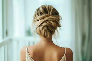 A beautiful bride with a bun hairstyles for long hair look from back. A female hairstyle rear view concept by AI Generated photo