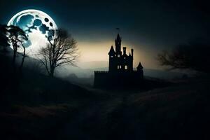 a castle in the dark with a full moon. AI-Generated photo