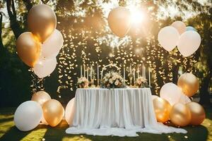 oro y blanco globos y mesa ajuste. generado por ai foto