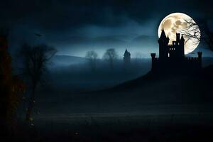 un castillo en el niebla con un lleno Luna. generado por ai foto