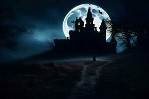 halloween castle in the dark with moonlight. AI-Generated photo