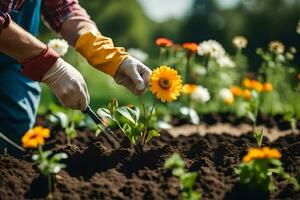 a person in gardening gloves is working on a flower. AI-Generated photo