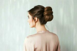 A beautiful bride with a bun hairstyles for long hair look from back. A female hairstyle rear view concept by AI Generated photo