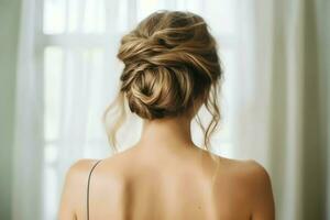 A beautiful bride with a bun hairstyles for long hair look from back. A female hairstyle rear view concept by AI Generated photo