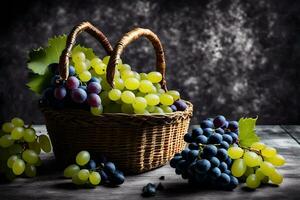 grapes in a basket on a table. AI-Generated photo