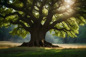 el Dom brilla mediante el maletero de un roble árbol. generado por ai foto