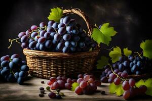 grapes in a basket on a dark background. AI-Generated photo