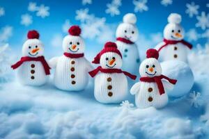 snowmen in a group with snowflakes. AI-Generated photo