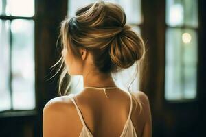 A beautiful bride with a bun hairstyles for long hair look from back. A female hairstyle rear view concept by AI Generated photo