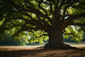 un grande árbol en el medio de un campo. generado por ai foto