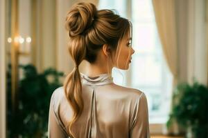 A beautiful bride with a bun hairstyles for long hair look from back. A female hairstyle rear view concept by AI Generated photo