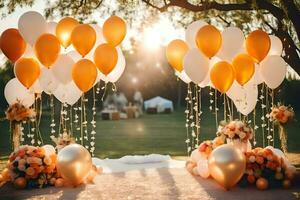 an outdoor wedding with orange and white balloons. AI-Generated photo