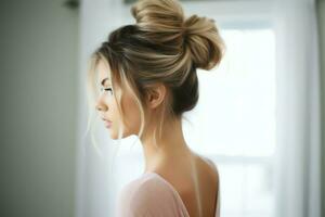 A beautiful bride with a bun hairstyles for long hair look from back. A female hairstyle rear view concept by AI Generated photo