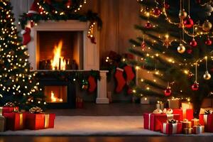 christmas tree and presents in front of fireplace. AI-Generated photo