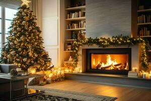 Cosy living room with fireplace and beautiful christmas tree in classic interior. Interior of living room decorated for merry christmas with socks, gift boxes and christmas accessories by AI Generated photo