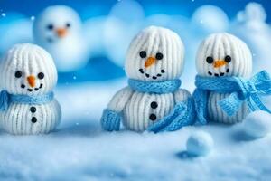 snowmen knitted in blue and white. AI-Generated photo