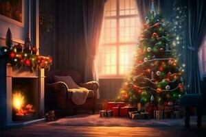 Cosy living room with fireplace and beautiful christmas tree in classic interior. Interior of living room decorated for merry christmas with socks, gift boxes and christmas accessories by AI Generated photo