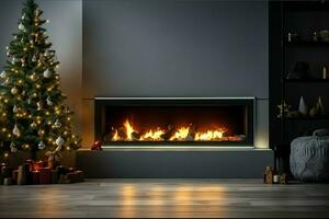 Cosy living room with fireplace and beautiful christmas tree in classic interior. Interior of living room decorated for merry christmas with socks, gift boxes and christmas accessories by AI Generated photo