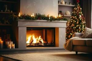 Cosy living room with fireplace and beautiful christmas tree in classic interior. Interior of living room decorated for merry christmas with socks, gift boxes and christmas accessories by AI Generated photo