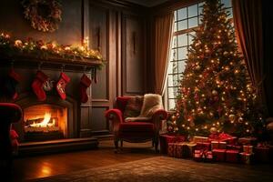 Cosy living room with fireplace and beautiful christmas tree in classic interior. Interior of living room decorated for merry christmas with socks, gift boxes and christmas accessories by AI Generated photo