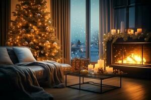 Cosy living room with fireplace and beautiful christmas tree in classic interior. Interior of living room decorated for merry christmas with socks, gift boxes and christmas accessories by AI Generated photo