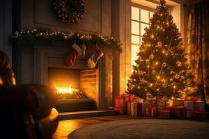 Cosy living room with fireplace and beautiful christmas tree in classic interior. Interior of living room decorated for merry christmas with socks, gift boxes and christmas accessories by AI Generated photo