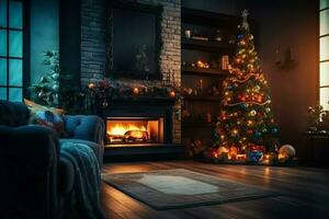 Cosy living room with fireplace and beautiful christmas tree in classic interior. Interior of living room decorated for merry christmas with socks, gift boxes and christmas accessories by AI Generated photo